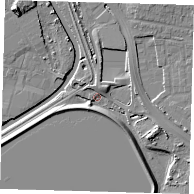 Shaded relief map of the ground around E48QB, computed from Environment Agency LiDAR. The ground here sits at about 10 m above sea level and falls 14 m across the surrounding 800 m. Surface water reaching this point runs off ground lying to the south-west, 8.2 m higher.