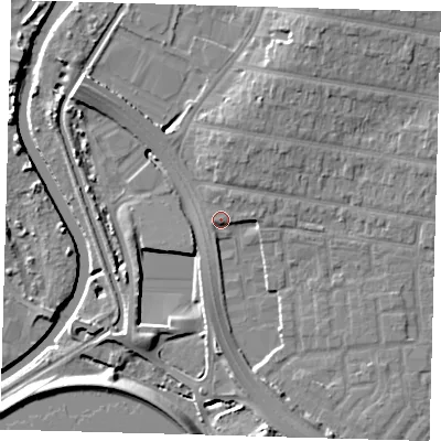 Shaded relief map of the ground around E48QE, computed from Environment Agency LiDAR. The ground here sits at about 12 m above sea level and falls 10 m across the surrounding 800 m. Surface water reaching this point runs off ground lying to the east-north-east, 3.0 m higher.