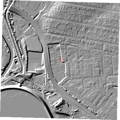 Shaded relief map of the ground around E48QF, computed from Environment Agency LiDAR. The ground here sits at about 10 m above sea level and falls 11 m across the surrounding 800 m. Surface water reaching this point runs off ground lying to the south, 8.3 m higher.