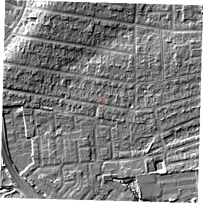 Shaded relief map of the ground around E48QJ, computed from Environment Agency LiDAR. The ground here sits at about 13 m above sea level and falls 10 m across the surrounding 800 m. Surface water reaching this point runs off ground lying to the east-north-east, 4.7 m higher.