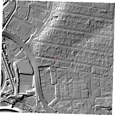 Shaded relief map of the ground around E48QQ, computed from Environment Agency LiDAR. The ground here sits at about 13 m above sea level and falls 9 m across the surrounding 800 m. Surface water reaching this point runs off ground lying to the north-west, 2.5 m higher.
