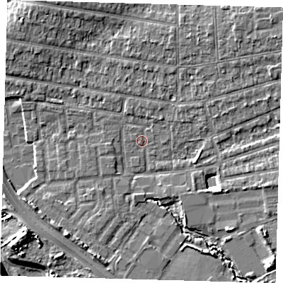 Shaded relief map of the ground around E48QT, computed from Environment Agency LiDAR. The ground here sits at about 12 m above sea level and falls 10 m across the surrounding 800 m. Surface water reaching this point runs off ground lying to the east-south-east, 6.8 m higher.