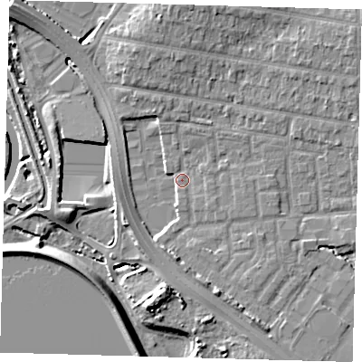 Shaded relief map of the ground around E48RP, computed from Environment Agency LiDAR. The ground here sits at about 12 m above sea level and falls 11 m across the surrounding 800 m. Surface water reaching this point runs off ground lying to the south-south-west, 8.2 m higher.
