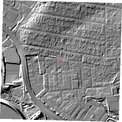 Shaded relief map of the ground around E48RR, computed from Environment Agency LiDAR. The ground here sits at about 12 m above sea level and falls 11 m across the surrounding 800 m. Surface water reaching this point runs off ground lying to the north, 5.1 m higher.