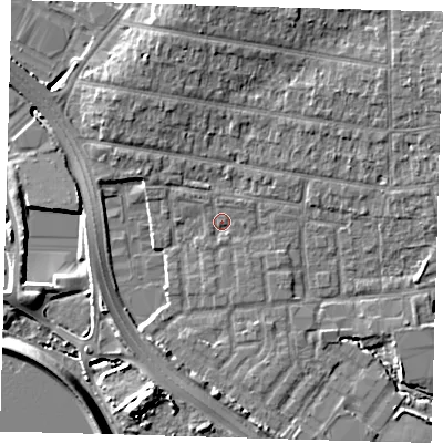 Shaded relief map of the ground around E48RS, computed from Environment Agency LiDAR. The ground here sits at about 12 m above sea level and falls 11 m across the surrounding 800 m. Surface water reaching this point runs off ground lying to the north, 4.8 m higher.
