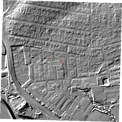 Shaded relief map of the ground around E48RT, computed from Environment Agency LiDAR. The ground here sits at about 12 m above sea level and falls 11 m across the surrounding 800 m. Surface water reaching this point runs off ground lying to the south-south-west, 6.4 m higher.