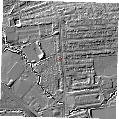 Shaded relief map of the ground around E48SA, computed from Environment Agency LiDAR. The ground here sits at about 15 m above sea level and falls 10 m across the surrounding 800 m. Surface water reaching this point runs off ground lying to the north-east, 4.0 m higher.