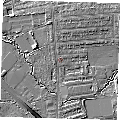 Shaded relief map of the ground around E48SB, computed from Environment Agency LiDAR. The ground here sits at about 15 m above sea level and falls 13 m across the surrounding 800 m. Surface water reaching this point runs off ground lying to the north-east, 5.1 m higher.