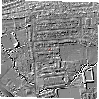 Shaded relief map of the ground around E48SD, computed from Environment Agency LiDAR. The ground here sits at about 15 m above sea level and falls 9 m across the surrounding 800 m. Surface water reaching this point runs off ground lying to the north-east, 1.4 m higher.