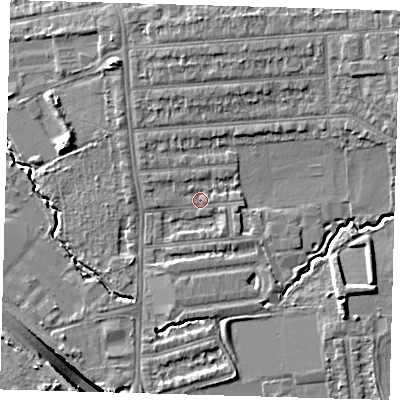 Shaded relief map of the ground around E48SE, computed from Environment Agency LiDAR. The ground here sits at about 15 m above sea level and falls 14 m across the surrounding 800 m. Surface water reaching this point runs off ground lying to the east-north-east, 4.0 m higher.