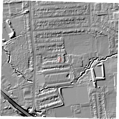 Shaded relief map of the ground around E48SF, computed from Environment Agency LiDAR. The ground here sits at about 15 m above sea level and falls 17 m across the surrounding 800 m. Surface water reaching this point runs off ground lying to the north-east, 1.5 m higher.
