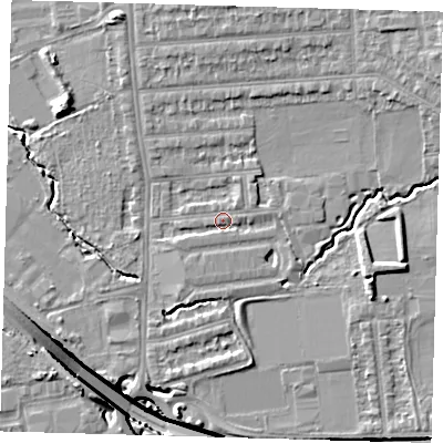 Shaded relief map of the ground around E48SG, computed from Environment Agency LiDAR. The ground here sits at about 15 m above sea level and falls 17 m across the surrounding 800 m. Surface water reaching this point runs off ground lying to the east, 1.2 m higher.
