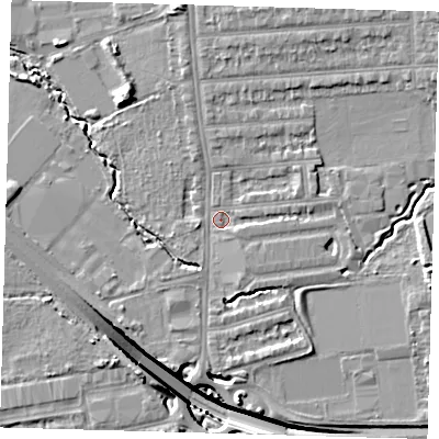 Shaded relief map of the ground around E48SH, computed from Environment Agency LiDAR. The ground here sits at about 14 m above sea level and falls 15 m across the surrounding 800 m. Surface water reaching this point runs off ground lying to the north-east, 5.6 m higher.