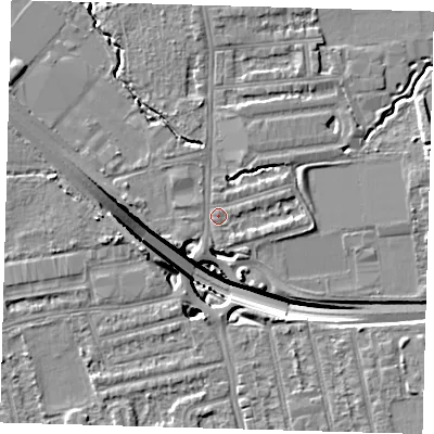 Shaded relief map of the ground around E48SL, computed from Environment Agency LiDAR. The ground here sits at about 14 m above sea level and falls 15 m across the surrounding 800 m. Surface water reaching this point runs off ground lying to the east, 5.2 m higher.