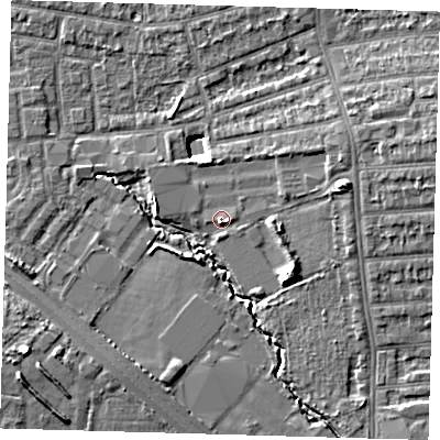 Shaded relief map of the ground around E48SN, computed from Environment Agency LiDAR. The ground here sits at about 14 m above sea level and falls 9 m across the surrounding 800 m. Surface water reaching this point runs off ground lying to the east-north-east, 2.8 m higher.
