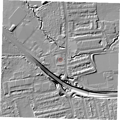 Shaded relief map of the ground around E48SP, computed from Environment Agency LiDAR. The ground here sits at about 14 m above sea level and falls 13 m across the surrounding 800 m. Surface water reaching this point runs off ground lying to the north-north-west, 0.7 m higher.