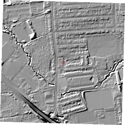Shaded relief map of the ground around E48SQ, computed from Environment Agency LiDAR. The ground here sits at about 14 m above sea level and falls 16 m across the surrounding 800 m. Surface water reaching this point runs off ground lying to the east-north-east, 4.3 m higher.