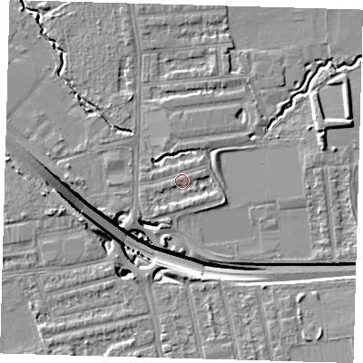 Shaded relief map of the ground around E48SR, computed from Environment Agency LiDAR. The ground here sits at about 15 m above sea level and falls 15 m across the surrounding 800 m. Surface water reaching this point runs off ground lying to the east-south-east, 1.8 m higher.