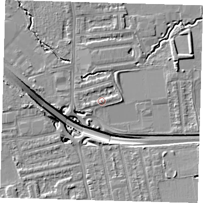 Shaded relief map of the ground around E48SS, computed from Environment Agency LiDAR. The ground here sits at about 15 m above sea level and falls 15 m across the surrounding 800 m. Surface water reaching this point runs off ground lying to the east, 1.8 m higher.