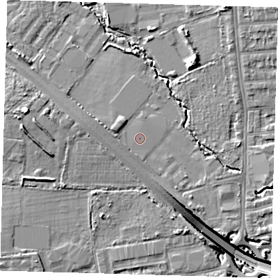 Shaded relief map of the ground around E48ST, computed from Environment Agency LiDAR. The ground here sits at about 13 m above sea level and falls 13 m across the surrounding 800 m. The ground contributing surface water to this point lies to the north-north-east.
