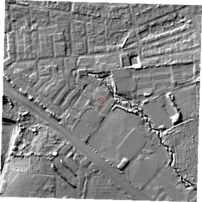 Shaded relief map of the ground around E48SU, computed from Environment Agency LiDAR. The ground here sits at about 12 m above sea level and falls 9 m across the surrounding 800 m. Surface water reaching this point runs off ground lying to the south-south-west, 1.9 m higher.
