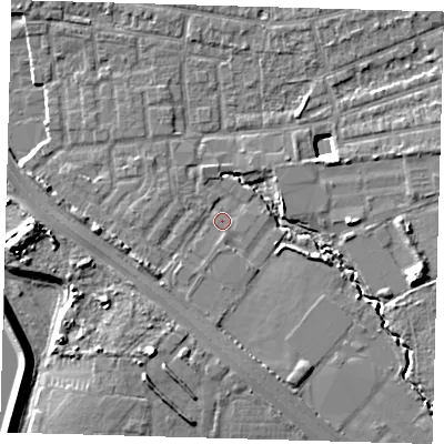 Shaded relief map of the ground around E48TD, computed from Environment Agency LiDAR. The ground here sits at about 12 m above sea level and falls 10 m across the surrounding 800 m. Surface water reaching this point runs off ground lying to the east-south-east, 7.5 m higher.