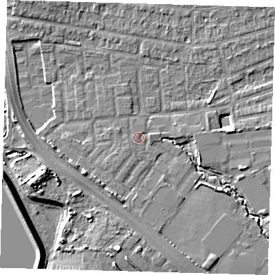 Shaded relief map of the ground around E48YD, computed from Environment Agency LiDAR. The ground here sits at about 12 m above sea level and falls 11 m across the surrounding 800 m. Surface water reaching this point runs off ground lying to the south-west, 1.6 m higher.