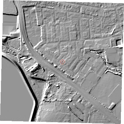 Shaded relief map of the ground around E48YF, computed from Environment Agency LiDAR. The ground here sits at about 13 m above sea level and falls 11 m across the surrounding 800 m. Surface water reaching this point runs off ground lying to the south-west, 2.3 m higher.