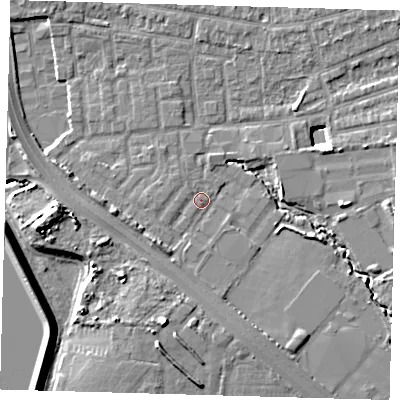 Shaded relief map of the ground around E48YG, computed from Environment Agency LiDAR. The ground here sits at about 13 m above sea level and falls 11 m across the surrounding 800 m. Surface water reaching this point runs off ground lying to the south-west, 3.0 m higher.