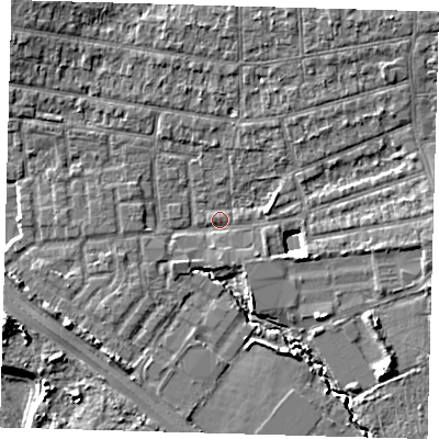 Shaded relief map of the ground around E48YJ, computed from Environment Agency LiDAR. The ground here sits at about 12 m above sea level and falls 9 m across the surrounding 800 m. Surface water reaching this point runs off ground lying to the north-east, 8.7 m higher.