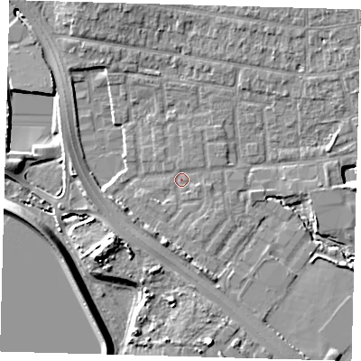 Shaded relief map of the ground around E48YN, computed from Environment Agency LiDAR. The ground here sits at about 12 m above sea level and falls 11 m across the surrounding 800 m. Surface water reaching this point runs off ground lying to the south-south-west, 3.2 m higher.