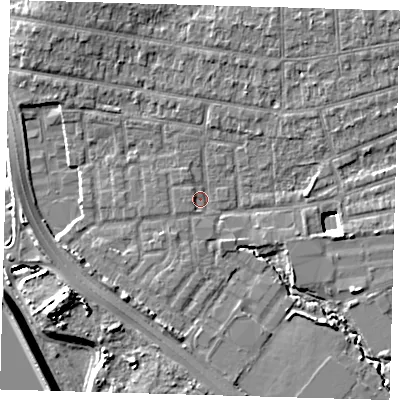 Shaded relief map of the ground around E48YS, computed from Environment Agency LiDAR. The ground here sits at about 12 m above sea level and falls 11 m across the surrounding 800 m. Surface water reaching this point runs off ground lying to the south-west, 6.4 m higher.