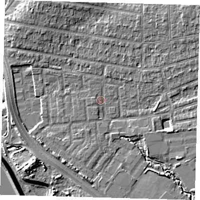 Shaded relief map of the ground around E48YT, computed from Environment Agency LiDAR. The ground here sits at about 12 m above sea level and falls 11 m across the surrounding 800 m. Surface water reaching this point runs off ground lying to the south-south-west, 6.4 m higher.