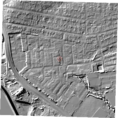 Shaded relief map of the ground around E48YU, computed from Environment Agency LiDAR. The ground here sits at about 12 m above sea level and falls 11 m across the surrounding 800 m. Surface water reaching this point runs off ground lying to the south-south-west, 6.4 m higher.