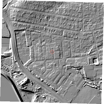 Shaded relief map of the ground around E48YX, computed from Environment Agency LiDAR. The ground here sits at about 12 m above sea level and falls 11 m across the surrounding 800 m. Surface water reaching this point runs off ground lying to the south, 0.5 m higher.