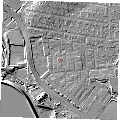 Shaded relief map of the ground around E48YY, computed from Environment Agency LiDAR. The ground here sits at about 12 m above sea level and falls 11 m across the surrounding 800 m. Surface water reaching this point runs off ground lying to the south-south-east, 0.8 m higher.
