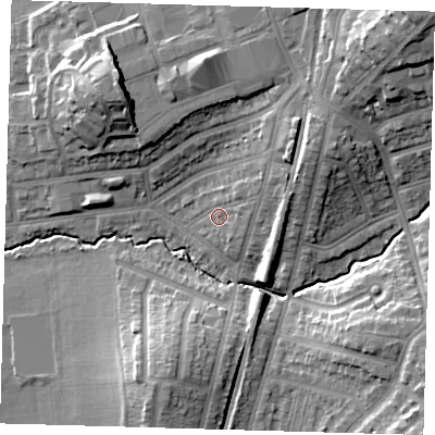 Shaded relief map of the ground around E49JH, computed from Environment Agency LiDAR. The ground here sits at about 21 m above sea level and falls 23 m across the surrounding 800 m. Surface water reaching this point runs off ground lying to the north-east, 8.9 m higher.