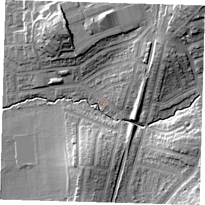 Shaded relief map of the ground around E49JJ, computed from Environment Agency LiDAR. The ground here sits at about 19 m above sea level and falls 21 m across the surrounding 800 m. Surface water reaching this point runs off ground lying to the east-south-east, 13.0 m higher.
