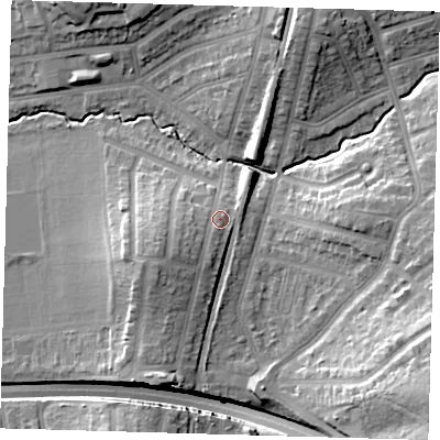 Shaded relief map of the ground around E49JN, computed from Environment Agency LiDAR. The ground here sits at about 25 m above sea level and falls 26 m across the surrounding 800 m. Surface water reaching this point runs off ground lying to the west-south-west, 3.9 m higher.