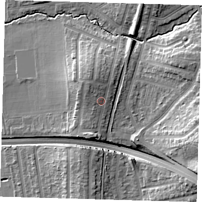 Shaded relief map of the ground around E49JP, computed from Environment Agency LiDAR. The ground here sits at about 26 m above sea level and falls 23 m across the surrounding 800 m. Surface water reaching this point runs off ground lying to the north-north-west, 3.6 m higher.