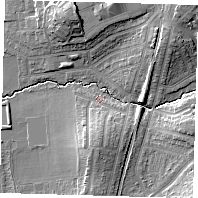 Shaded relief map of the ground around E49JR, computed from Environment Agency LiDAR. The ground here sits at about 19 m above sea level and falls 19 m across the surrounding 800 m. Surface water reaching this point runs off ground lying to the south, 9.2 m higher.