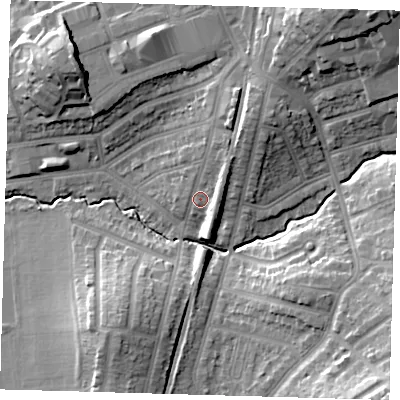 Shaded relief map of the ground around E49LJ, computed from Environment Agency LiDAR. The ground here sits at about 22 m above sea level and falls 22 m across the surrounding 800 m. Surface water reaching this point runs off ground lying to the north-north-east, 6.1 m higher.