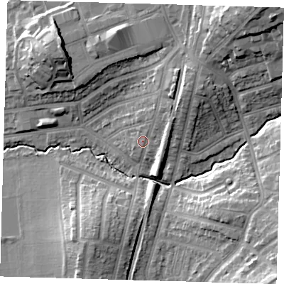 Shaded relief map of the ground around E49LL, computed from Environment Agency LiDAR. The ground here sits at about 23 m above sea level and falls 22 m across the surrounding 800 m. Surface water reaching this point runs off ground lying to the north-east, 4.7 m higher.