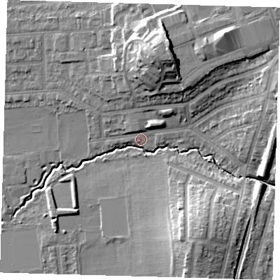 Shaded relief map of the ground around E49NG, computed from Environment Agency LiDAR. The ground here sits at about 18 m above sea level and falls 19 m across the surrounding 800 m. Surface water reaching this point runs off ground lying to the north-north-east, 14.3 m higher.