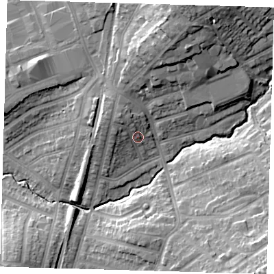 Shaded relief map of the ground around E49NL, computed from Environment Agency LiDAR. The ground here sits at about 25 m above sea level and falls 23 m across the surrounding 800 m. Surface water reaching this point runs off ground lying to the north-west, 5.2 m higher.
