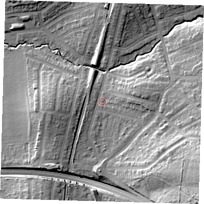 Shaded relief map of the ground around E49NN, computed from Environment Agency LiDAR. The ground here sits at about 23 m above sea level and falls 32 m across the surrounding 800 m. Surface water reaching this point runs off ground lying to the east-south-east, 13.1 m higher.
