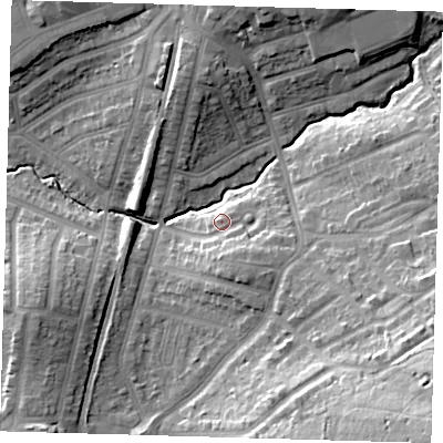 Shaded relief map of the ground around E49NW, computed from Environment Agency LiDAR. The ground here sits at about 25 m above sea level and falls 32 m across the surrounding 800 m. Surface water reaching this point runs off ground lying to the south-south-east, 5.0 m higher.