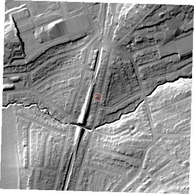 Shaded relief map of the ground around E49NX, computed from Environment Agency LiDAR. The ground here sits at about 24 m above sea level and falls 24 m across the surrounding 800 m. Surface water reaching this point runs off ground lying to the north-north-east, 6.3 m higher.