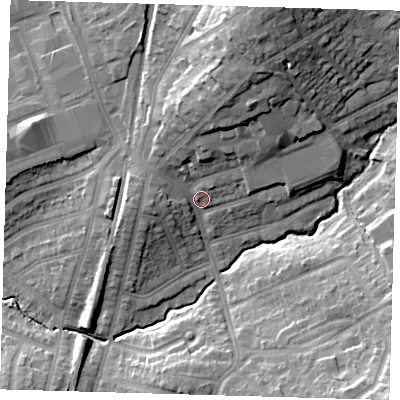 Shaded relief map of the ground around E49PB, computed from Environment Agency LiDAR. The ground here sits at about 25 m above sea level and falls 24 m across the surrounding 800 m. Surface water reaching this point runs off ground lying to the north-north-east, 12.5 m higher.