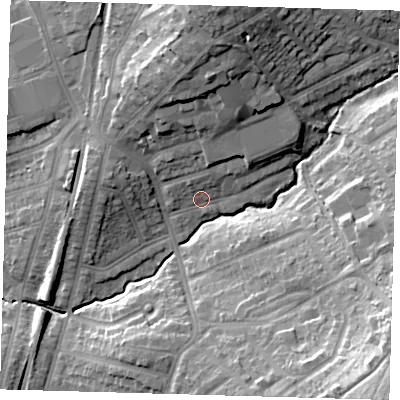 Shaded relief map of the ground around E49PP, computed from Environment Agency LiDAR. The ground here sits at about 23 m above sea level and falls 31 m across the surrounding 800 m. Surface water reaching this point runs off ground lying to the north, 14.2 m higher.